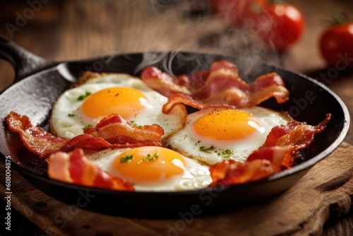 Composition with tasty fried eggs and bacon on wooden table with copy space.