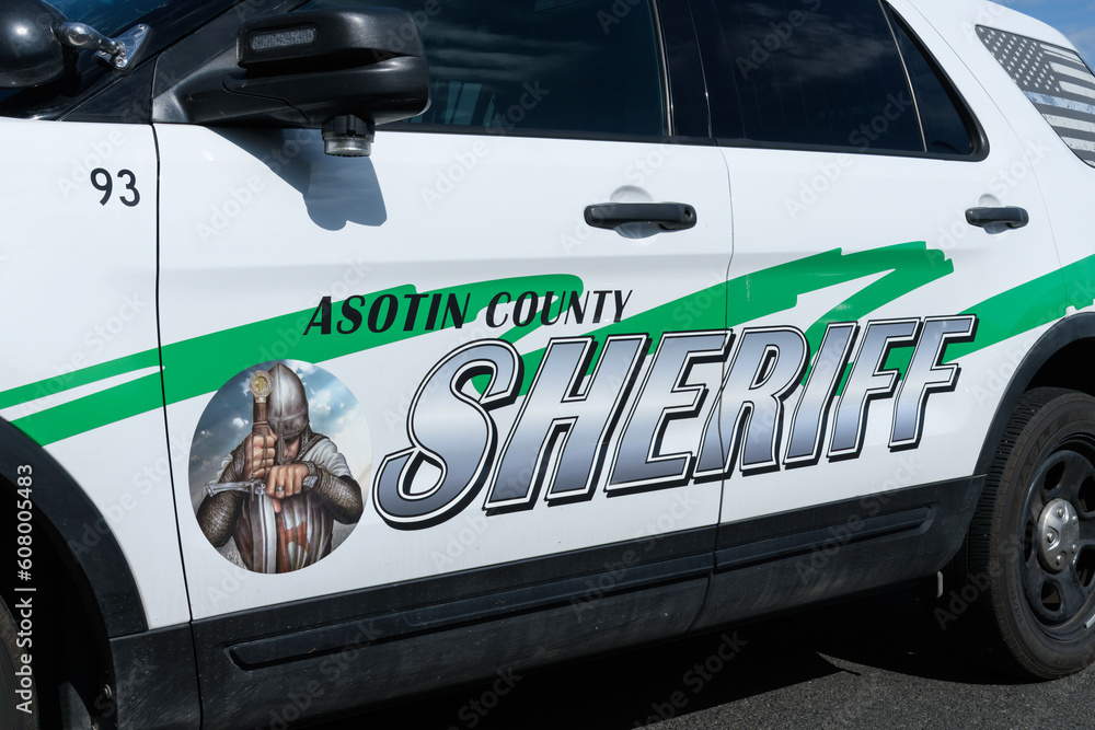 Asotin, WA, USA May 24, 2023; Asotin County Sheriff name and logo on side of police car Stock
