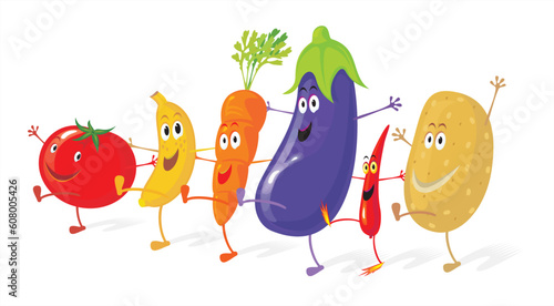 Funny group of vegetables enjoying a dance.  No gradient vector. Easy to create new scenes by moving a few elements.