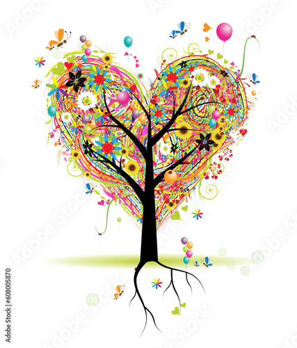 Happy holiday, heart shape tree with balloons