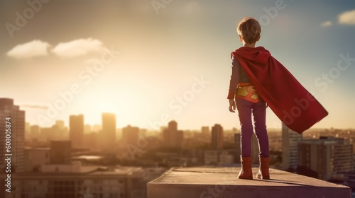 Superhero kid on the roof top. Little child in superhero costume. Kids Dream, Generative AI