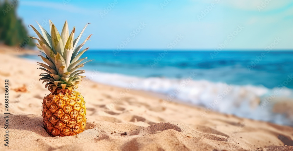 Composition summer on sand beach with pineapple , blue sea as background with copy space. Composition summer on sand beach with pineapple , blue sea as background with copy space.