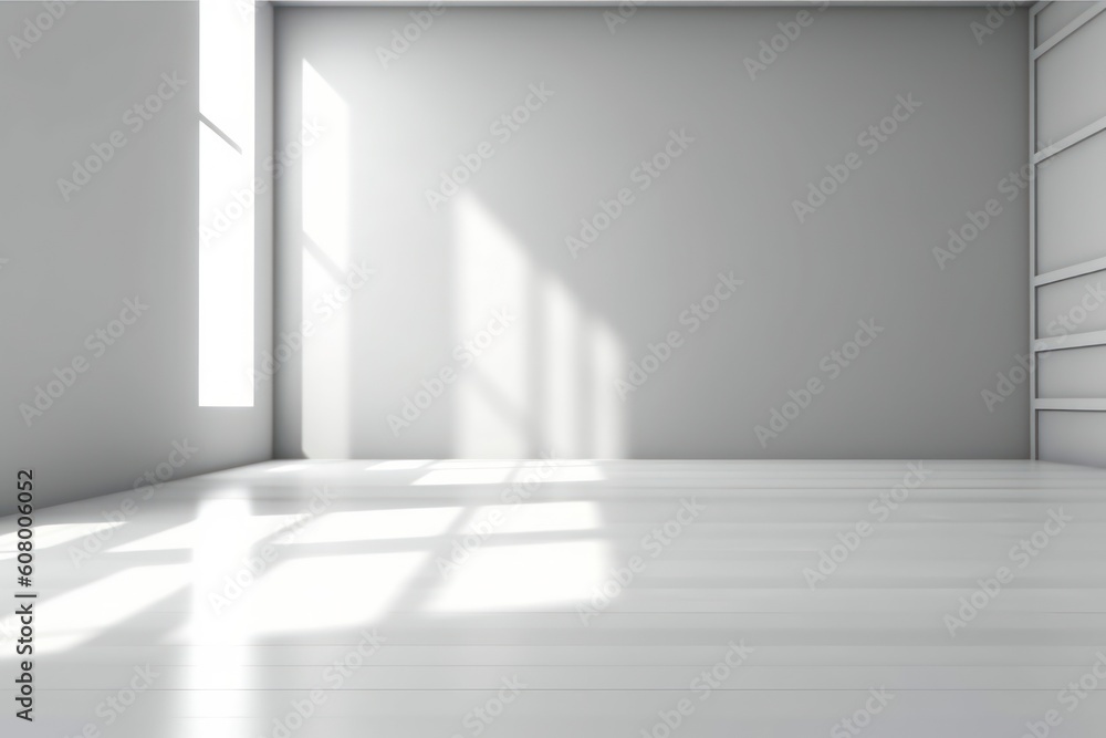 Fototapeta premium 3D render of empty room with shadows of window for display product. white gray studio background for product presentation. 