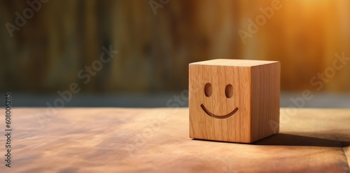 Smile face icon on a wooden cube for Customer service evaluation customer satisfaction level and satisfaction survey concept.