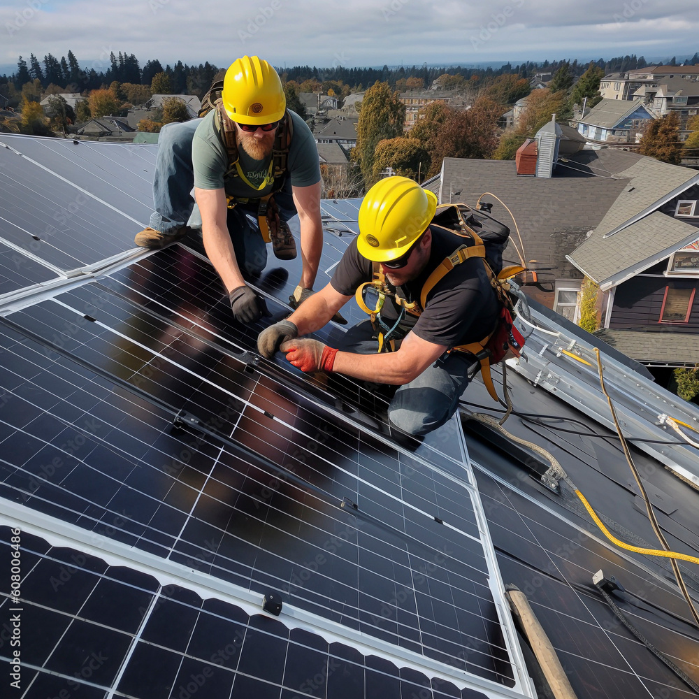 custom made wallpaper toronto digitalCraftsmen assemble a solar system - solarpannels on a house roof, ai generated