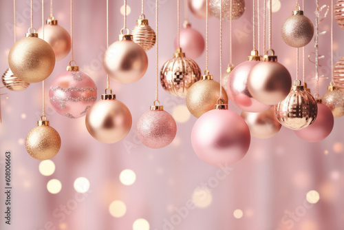Christmas background with hanging balls on pink background Generative AI