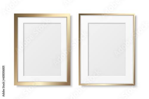 Vector 3d Realistic Vertical Yellow Metal, Golden Color Decorative Vintage Frame Set, Border Icon Closeup Isolated. A3, A4, A5, A6 Photo Frame Design Template for Picture, Border Design