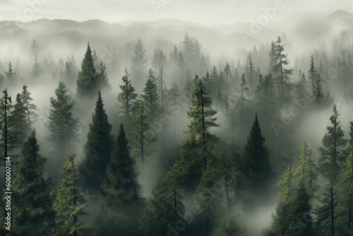 Foggy pine forest view from above Generative AI