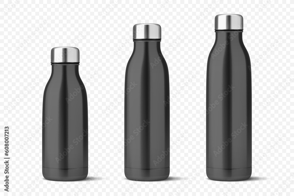 Vector Realistic 3d Black Empty Glossy Metal Reusable Water Bottle with Silver Bung Set Closeup Isolated. Design template of Packaging Mockup. Front View Vector Realistic 3d Black Empty Glossy Metal Reusable Water Bottle with Silver Bung Set Closeup Isolated. Design template of Packaging Mockup. Front View