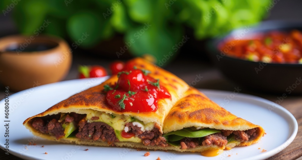 Egg martabak filled with minced meat and vegetables with spicy sauce