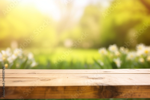 Empty wooden table. Spring time. Garden blurred background.