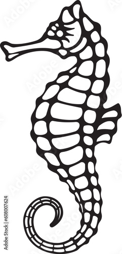 Stylized black and white icon of a seahorse on white background