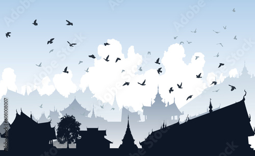 Editable vector illustration of birds over a generic east asian city