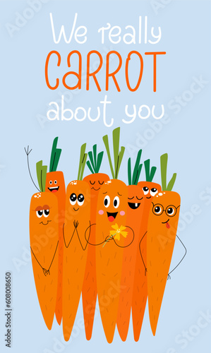 We really carrot about you funny handdrawn design. Handdrawn trendy food characters with different emotions.