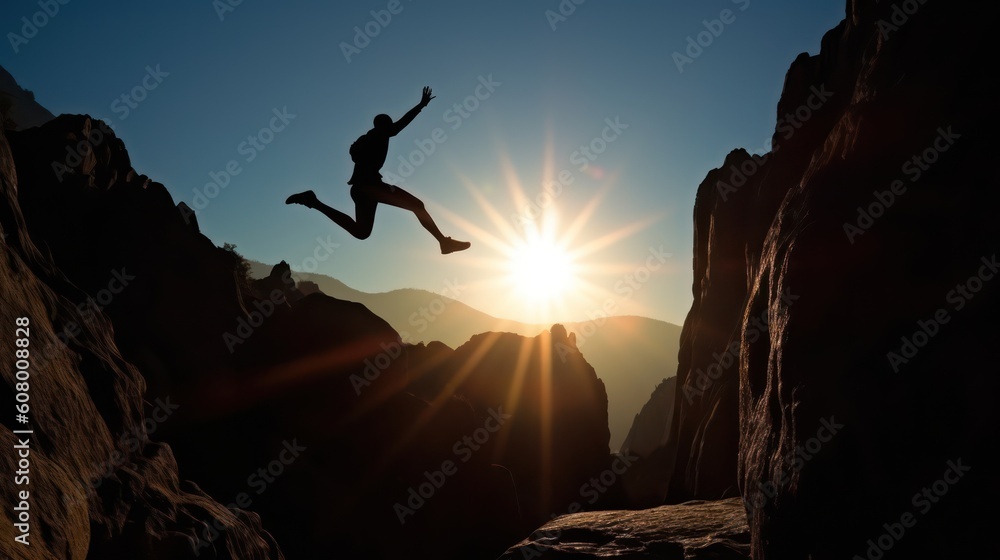 Silhouette of a man jumping from a cliff against a sun, Generative AI Silhouette of a man jumping from a cliff against a sun, Generative AI