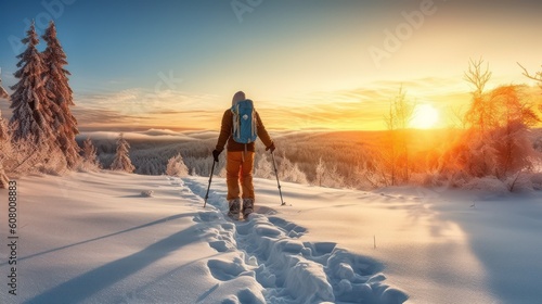 Winter hiking in the mountains on snowshoes with a backpack, Generative AI