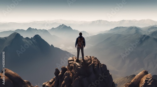 Man standing on top of a mountain and looking at the misty valley, Generative AI © tanatat