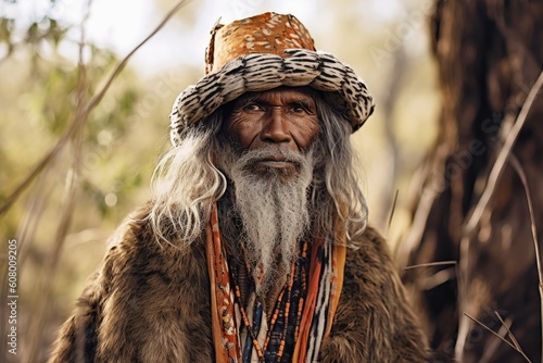 An Australian Aborigine in traditional robes created with generative AI technology.