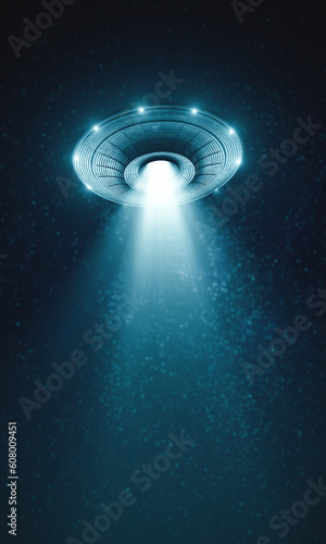 Unidentified flying object at night with fog and a light below, supposed tractor beam. 3D illustration.