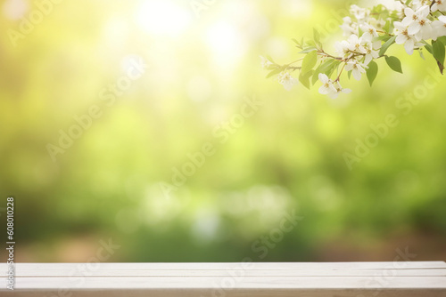 Empty wooden table. Flowers on top. Spring background with bokeh. © Ricardo Santos