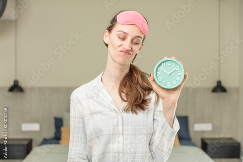 smiling and looking with a happy confident expression. alarm clock concept