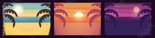 Set of 3 summer beach illustrations. Day, evening, night. Vector posters or backgrounds to put your own text