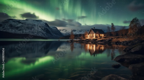Aurora borealis over house in the lake, Generative AI