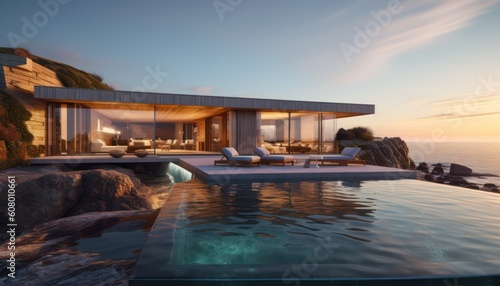 a luxury modern house on top of a mountain, Generative AI
