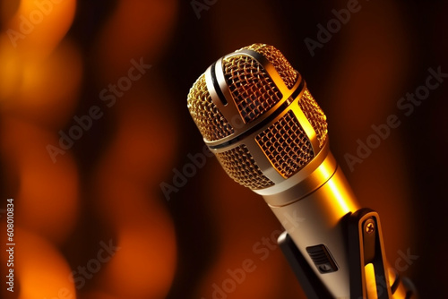 Ample copy-space alongside a golden microphone on stage Generative AI