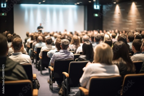 Business and entrepreneurship symposium. Speaker giving a talk at business meeting. Audience in conference hall. Rear view of unrecognized participant in audience, Generative AI