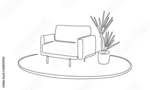 One continuous Line drawing of armchair and potted plant on carpet. Stylish furniture for living and office room interior in simple linear style. Editable stroke. Doodle Vector illustration
