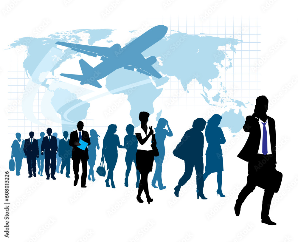 People are walking, flying airplane and world map in the background. The base map is from Central Intelligence Agency Web site. - obrazy, fototapety, plakaty 