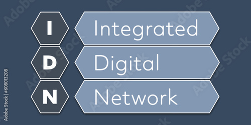 IDN Integrated Digital Network. An Acronym Abbreviation of a term from the software industry. Illustration isolated on blue background