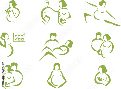 Prenatal and childbirth icon set, with human silhouettes
