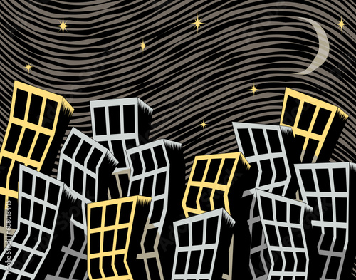 Editable vector illustration of city at night with background and buildings on separate layers