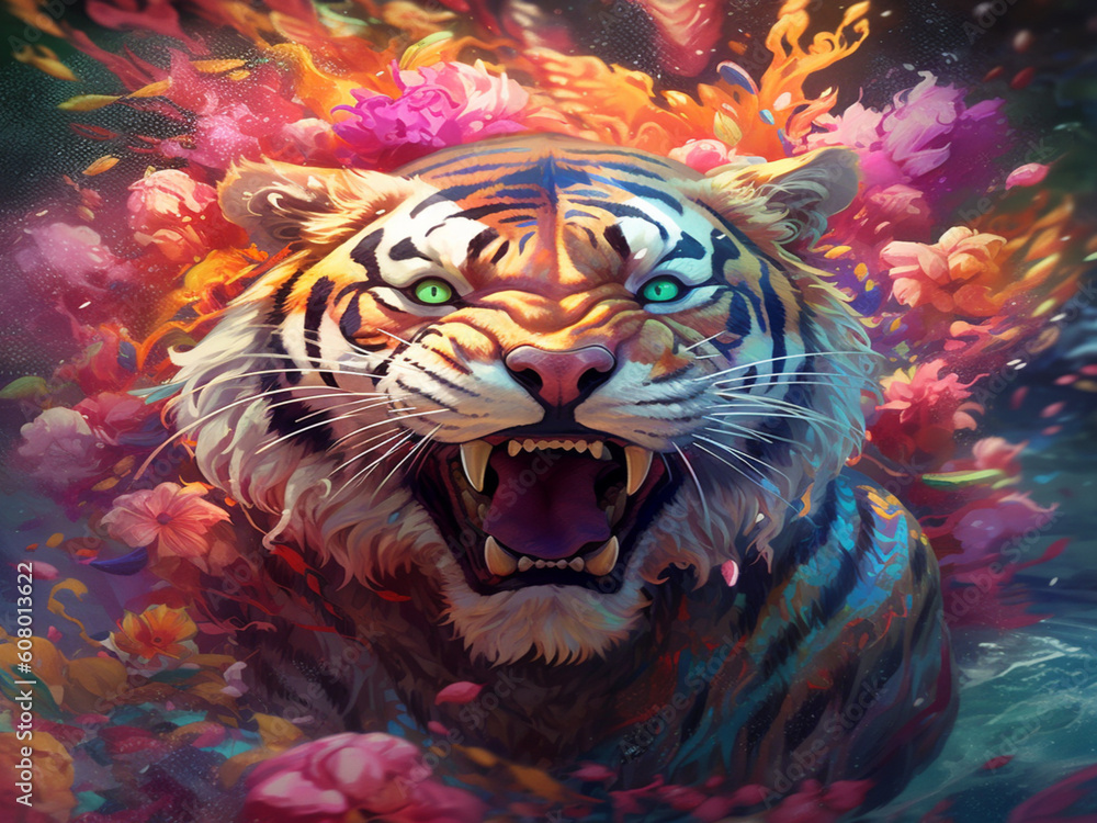 A tiger leaping among flowers and water in a beautiful setting filled with vibrant colors. AI-generated and human-created
