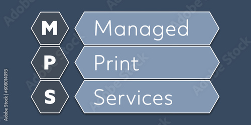 MPS Managed Print Services. An Acronym Abbreviation of a term from the software industry. Illustration isolated on blue background