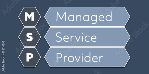 MSP Managed Service Provider. An Acronym Abbreviation of a term from the software industry. Illustration isolated on blue background
