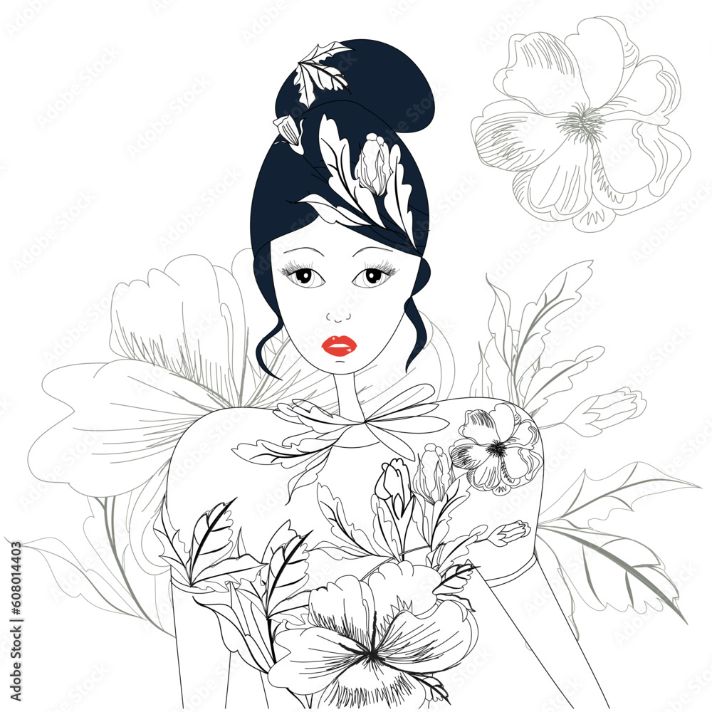 Sketch with woman and floral element Sketch with woman and floral element