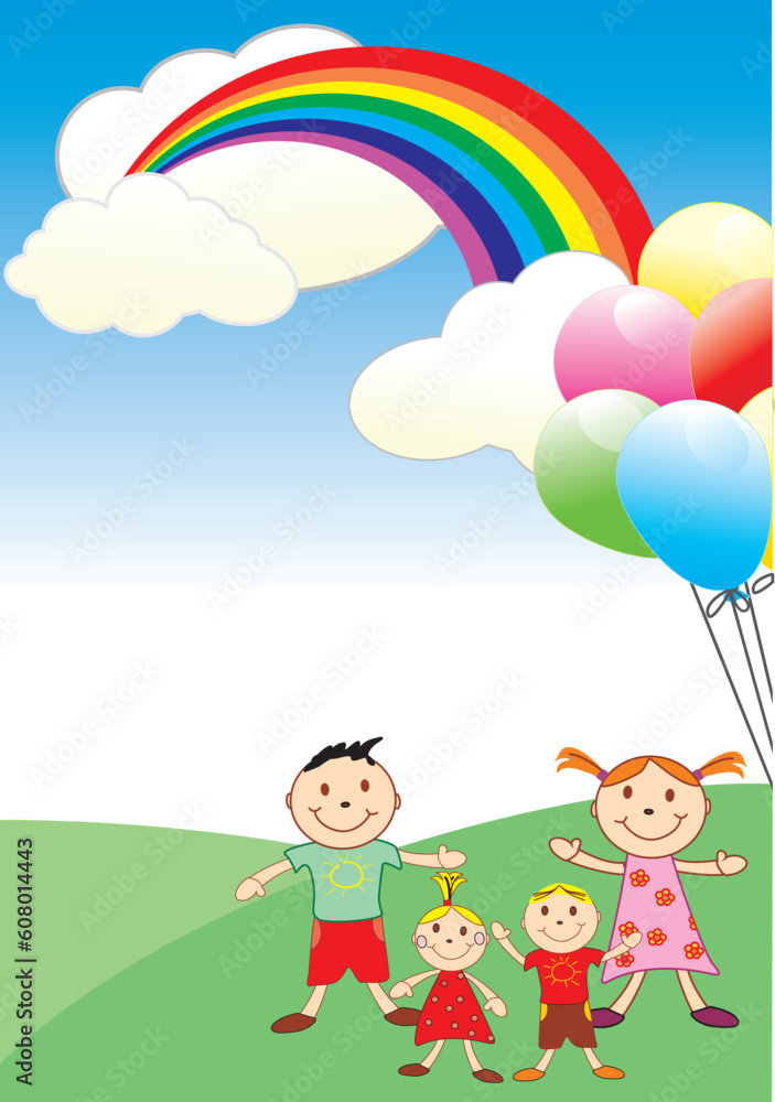 illustration of baby with rainbow and balls illustration of baby with rainbow and balls