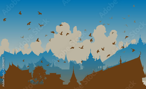 Editable vector illustration of birds over a generic east asian city