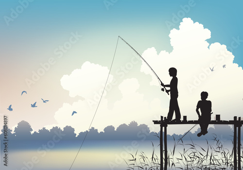 Editable vector scene of two boys fishing from a wooden jetty using gradient mesh © Designpics