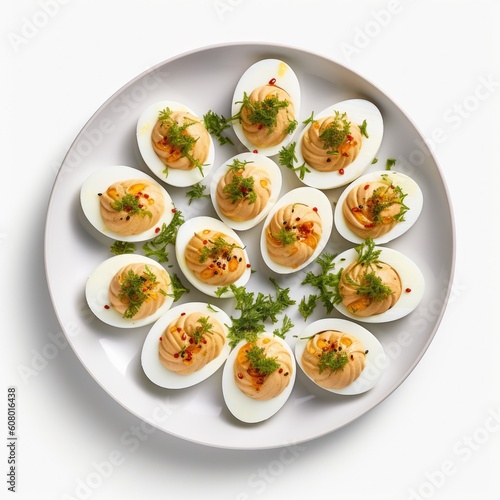 Delicious Plate of Deviled Eggs on a White Background (Generative AI)