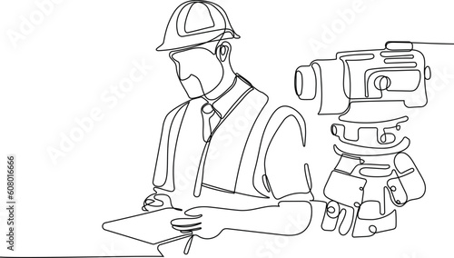 Close up of Caucasian worker with helmet on head using tablet for work while standing in warehouse. Surveyor with a tripod icon. Geodesic tripod. Vector illustration