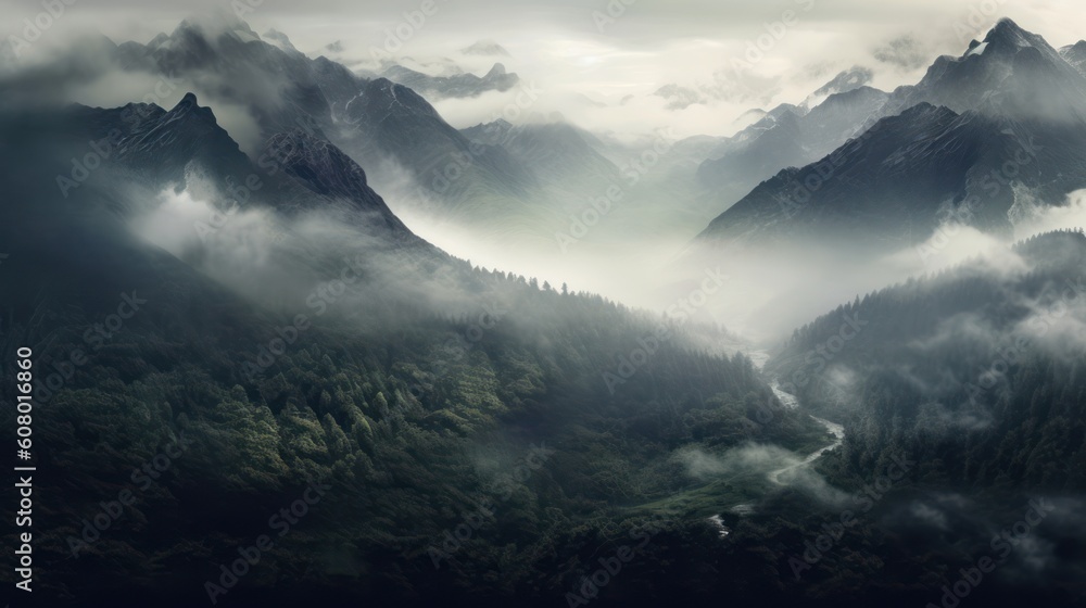 Panoramic view of a mountain valley in the mist, Generative AI
