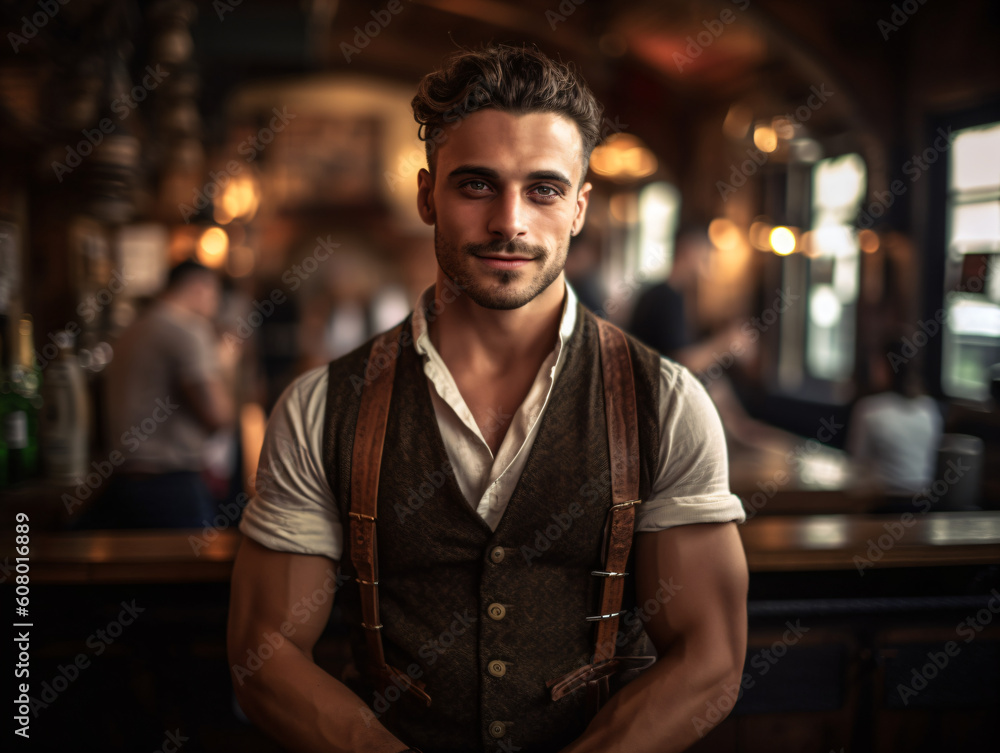 A handsome strong barman standing in front of a bar with his arms crossed Generative Ai A handsome strong barman standing in front of a bar with his arms crossed Generative Ai