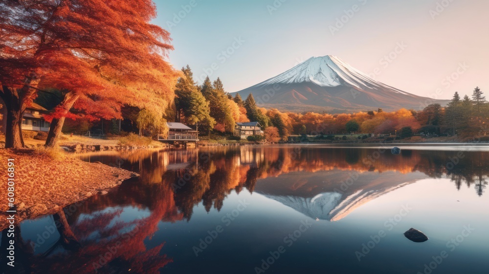 Fuji Mountain with maple leaf and lake in Japan during autumn season, Generative AI
