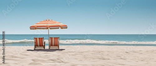 Beach umbrella and two chairs on the beach, Generative AI