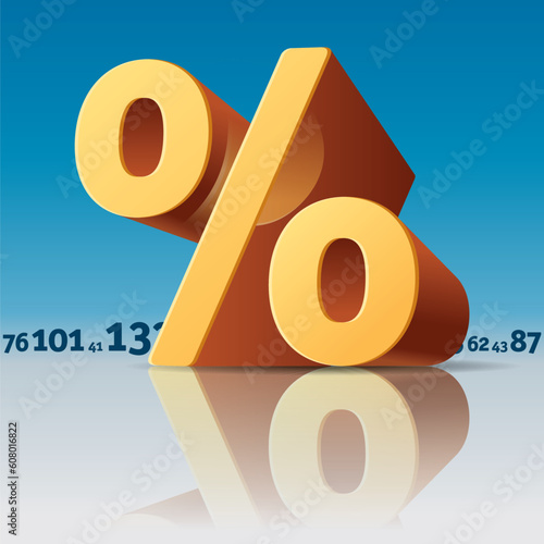 Percent Symbol with Numbers Skyline on Blue Sky Background