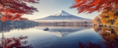 Fuji Mountain with maple leaf and lake in Japan during autumn season, Generative AI